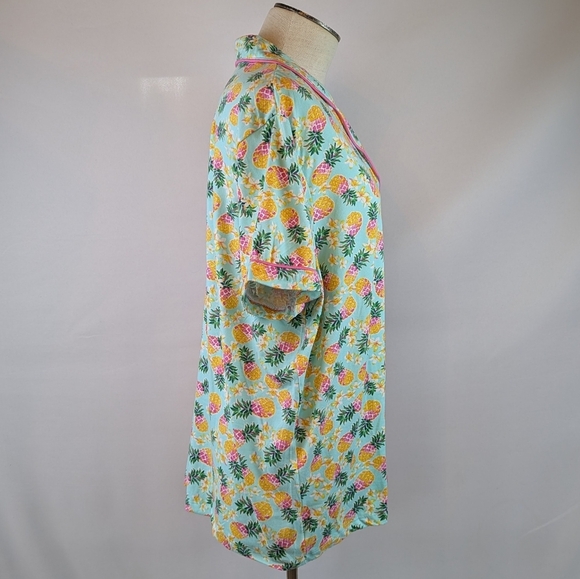 Pillow Talk Tropical Pineapple Print PJ Set Short Sleeve Top Pants Aqua XL NWT - Picture 6 of 12